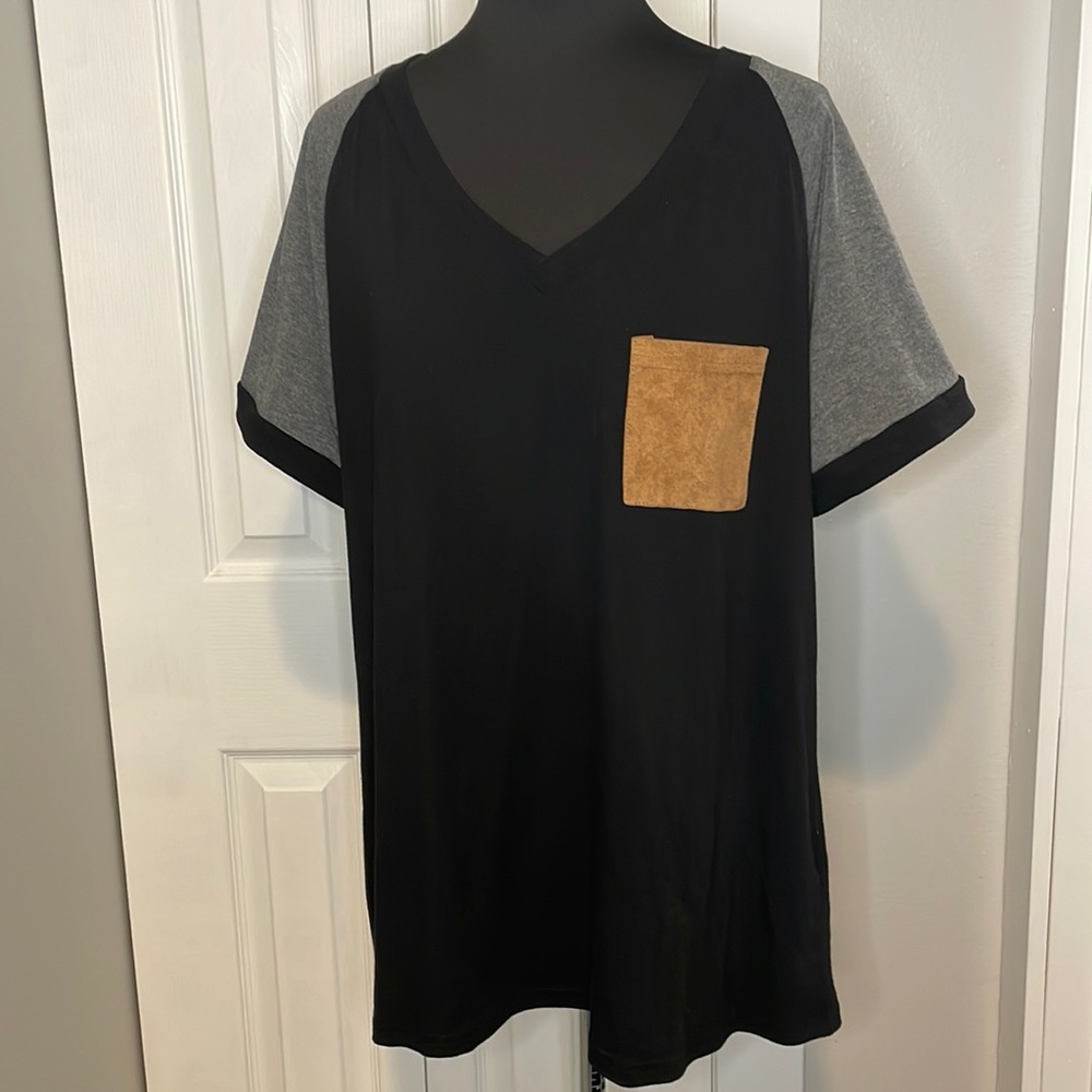 Women's V-Neck T-Shirt with suede pocket.
